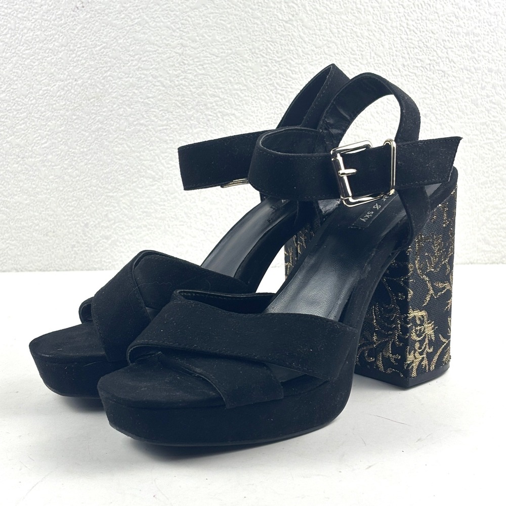 Parker & Sky Platform Sandals Womens 8.5 Black Gold Brocade Block Heel Floral